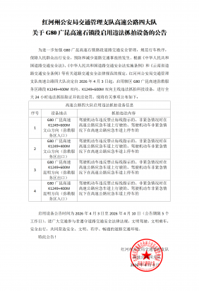 关于G80广昆高速石锁段启用违法抓拍设备的公告